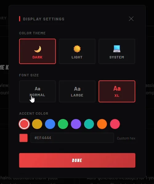 Display settings panel with theme, font size and accent colour options