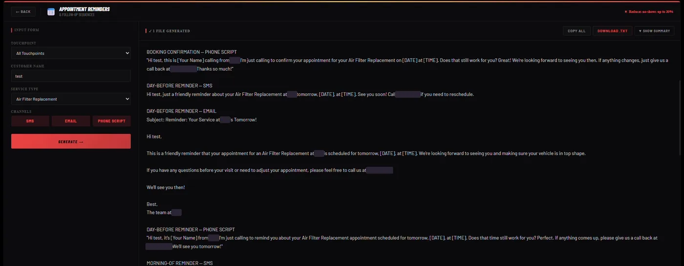 Generated phone script, SMS and email shown side by side
