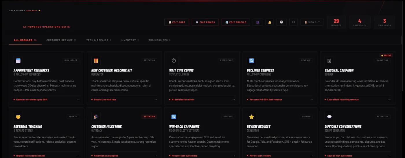 Dashboard of the AI operations app, showing modules such as appointment reminders and declined services