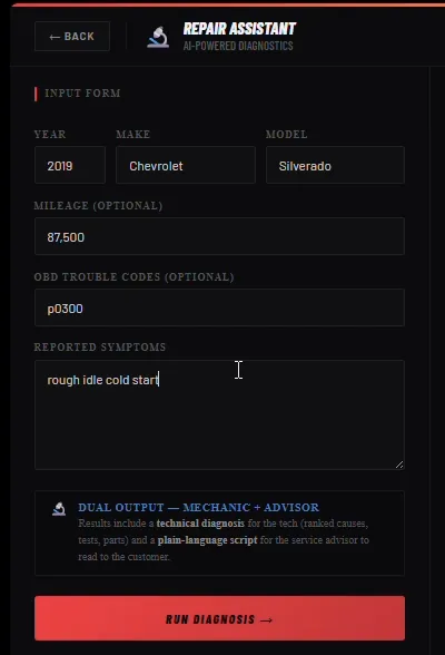 Repair Assistant input form with vehicle details and symptoms