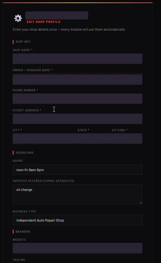 Shop profile editor in the AI operations app