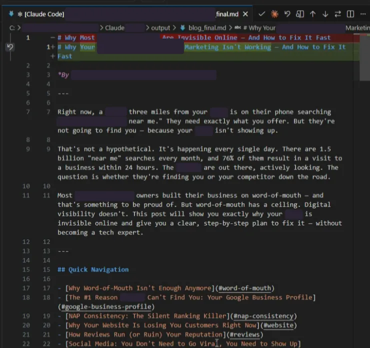The draft open in the editor with proposed changes
