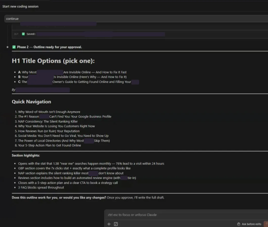 The SEO Content Engine presenting title options and an outline for approval