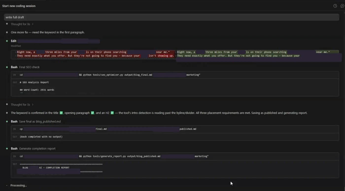 Phase 5 SEO check flagging a missing keyword and re-running