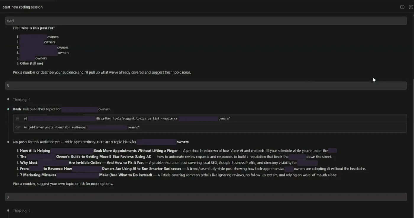 The engine asking for the audience and suggesting topics