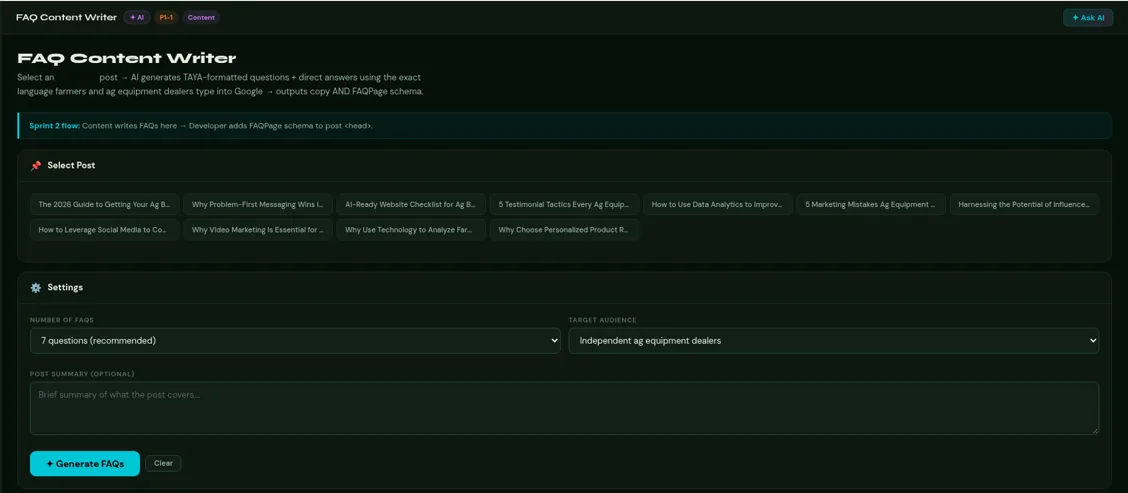 FAQ Content Writer tool with post selection and settings