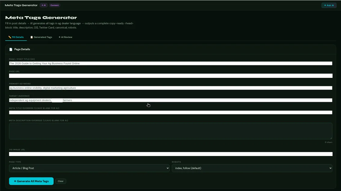 Meta Tags Generator tool form