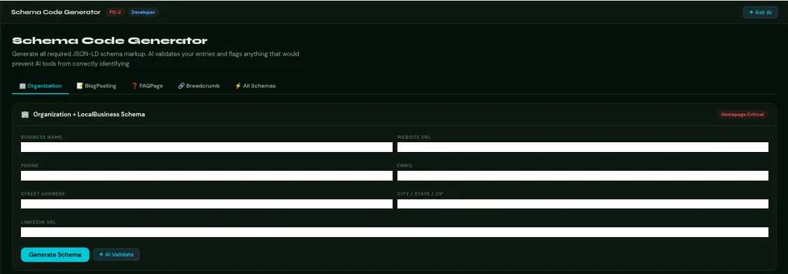Schema Code Generator with the Organization form
