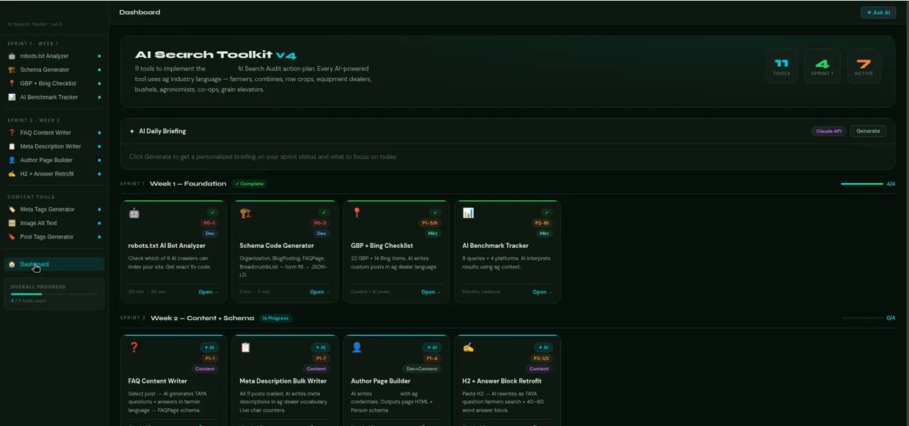 AI Search Toolkit dashboard with tools grouped by sprint and progress tracking